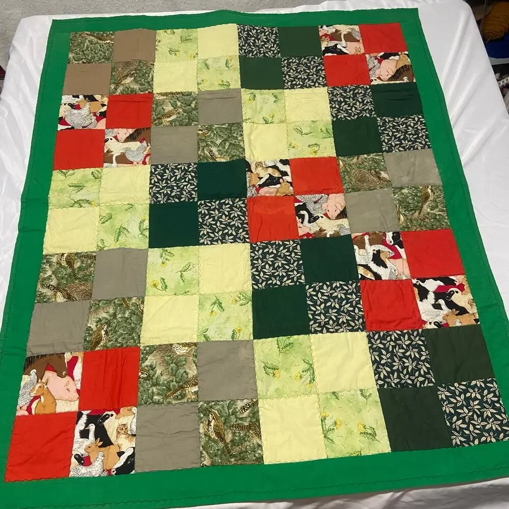 Baby Blanket Farm Animals Birds Green Border & Background Lap Blanket Handmade